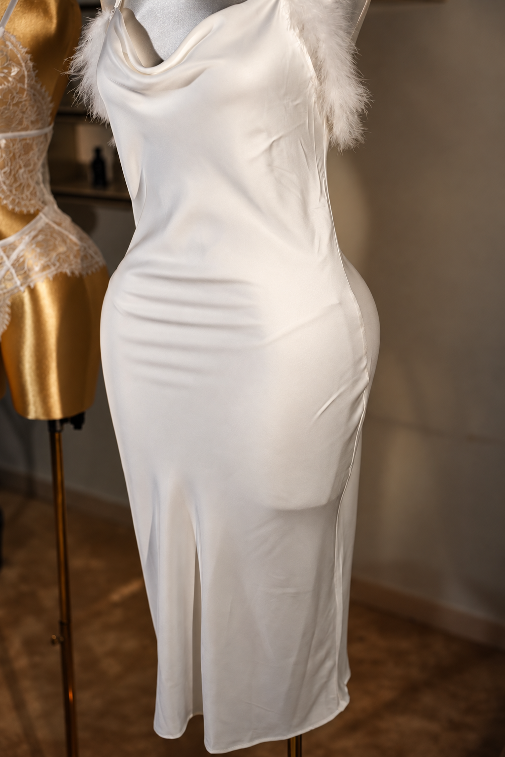 Feather Satin Midi Dress