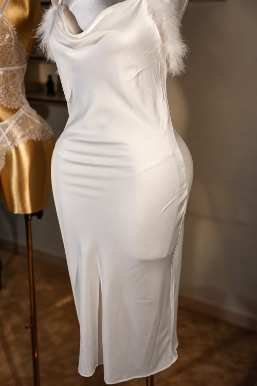 Feather Satin Midi Dress