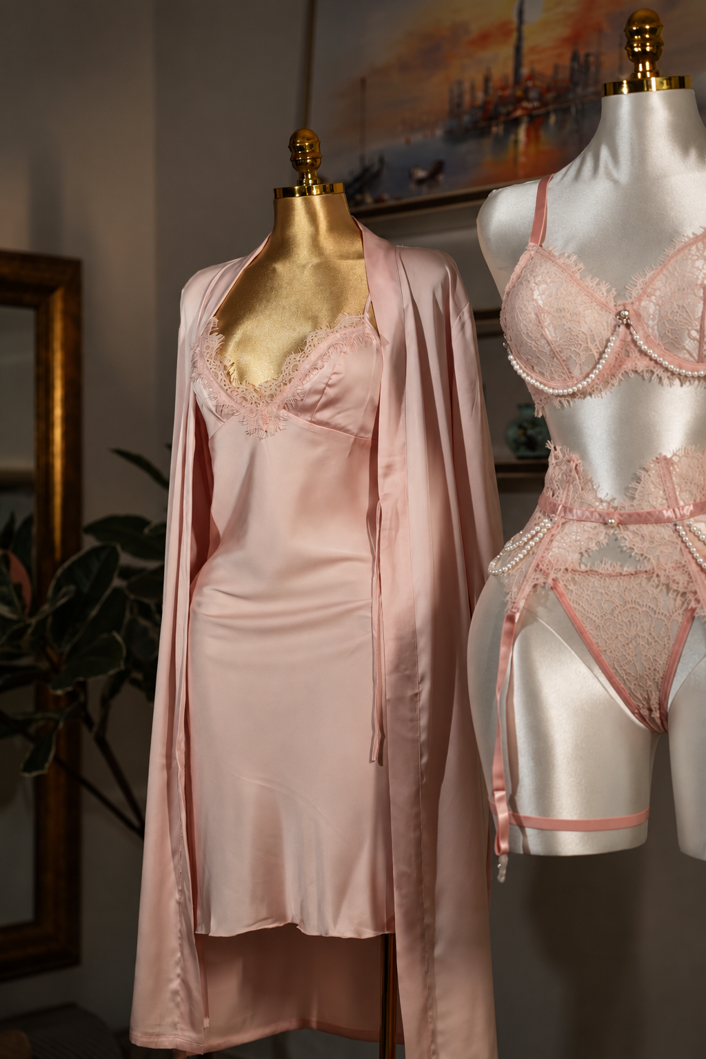 Blush Satin Lace Robe Set