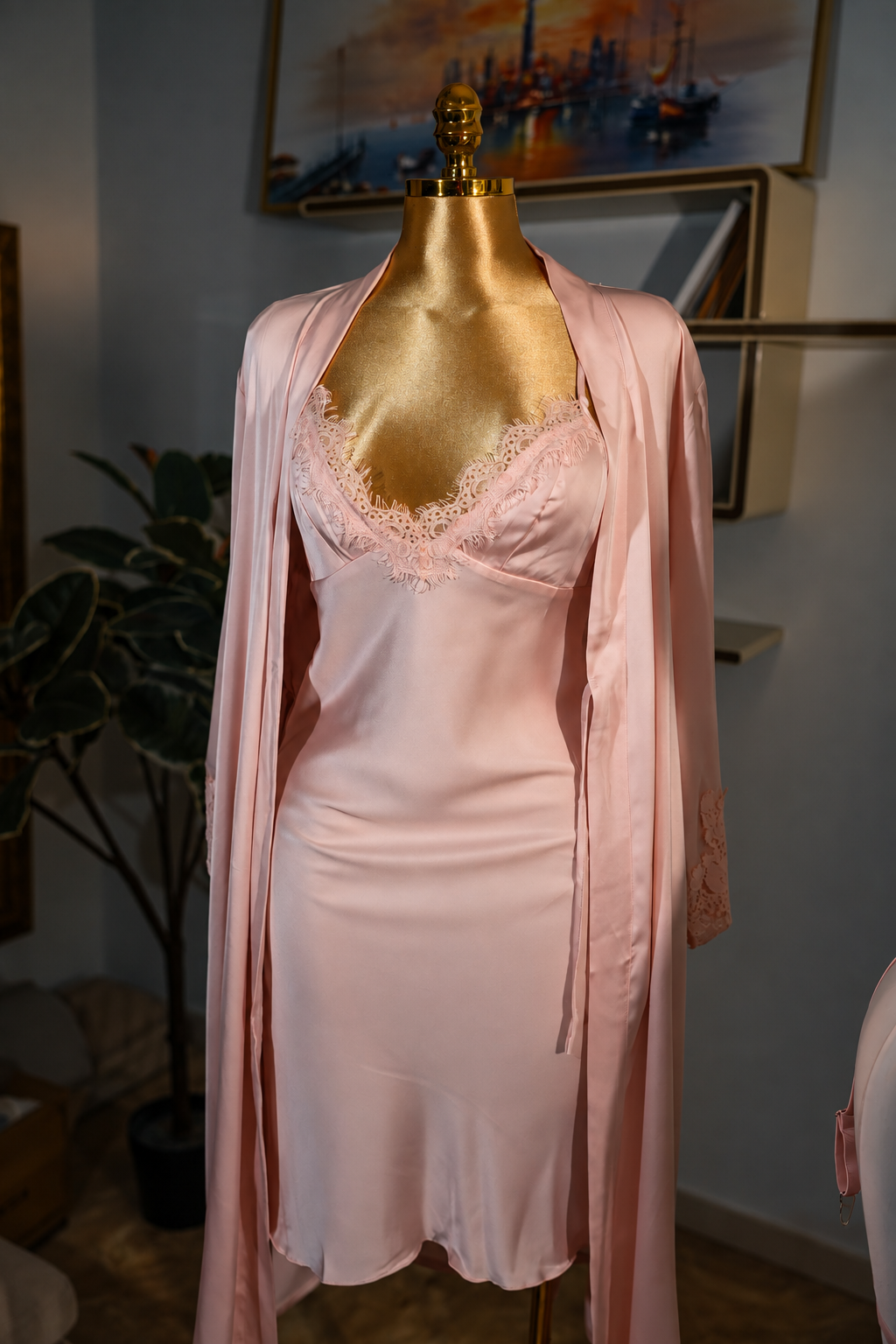 Blush Satin Lace Robe Set