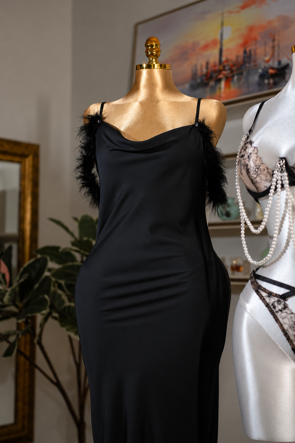 Feather Satin Midi Dress
