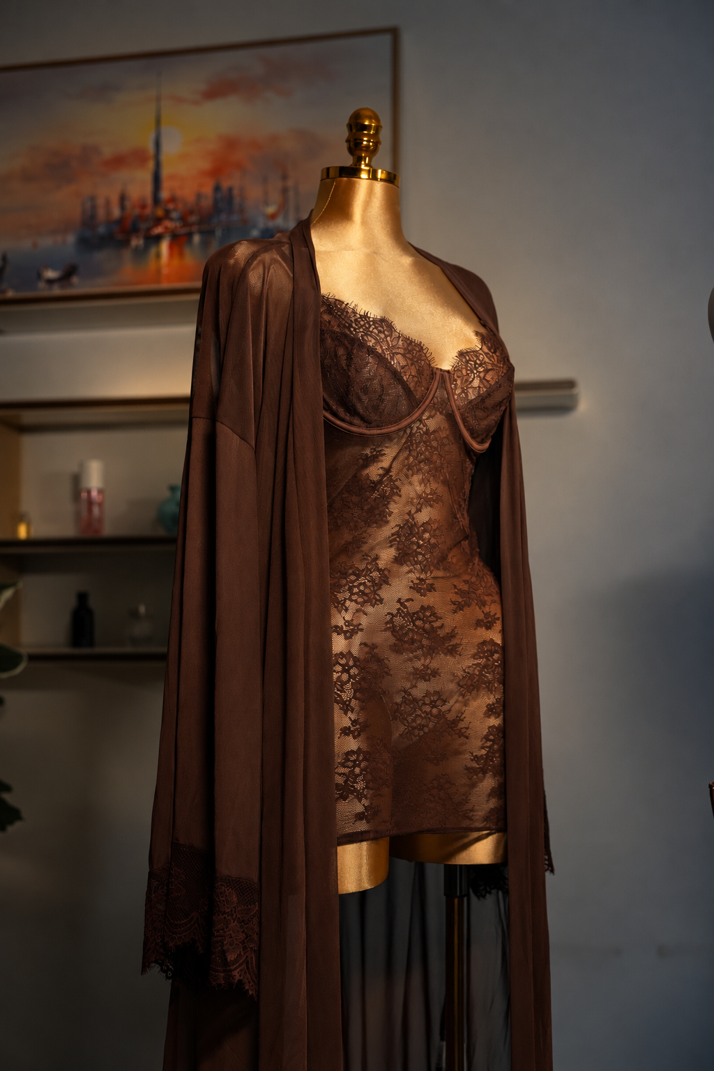 Mocha Lace Peignoir Set